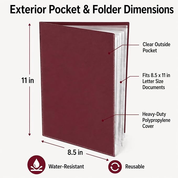 Ultra PRO - 50 Pack Burgundy Heavy Duty 2-Pocket Folders with 6 Clear Internal Pages, Waterproof Poly Project Organizer for School and Office, Fits 8.5 x 11 Letter Size, Customizable Clear Covers