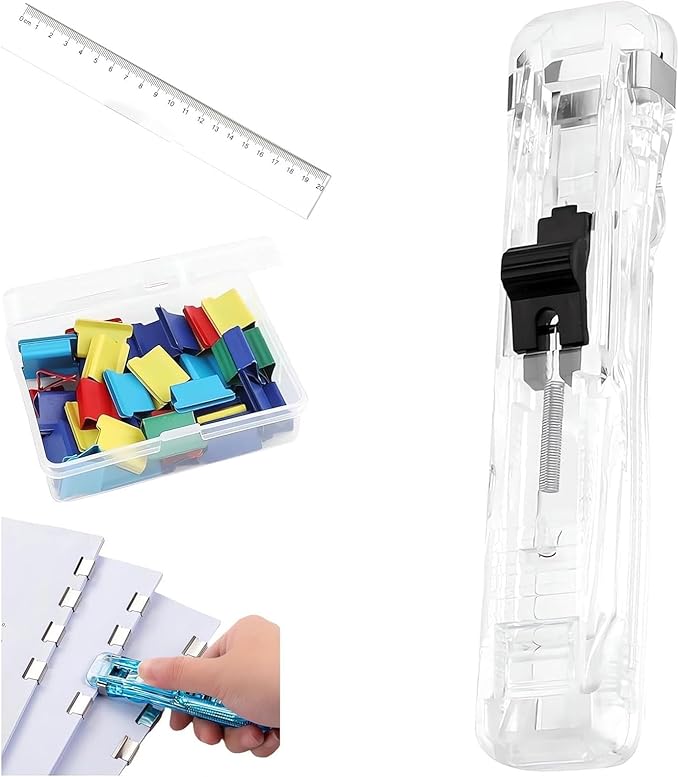 Portable Binder Clip Stapler, Includes 50 Reusable Clips, Push Clip Stapler, Small Binding Office Supplies Handheld Staplers Staples Set, Binder Clips Paper Clamps (B)