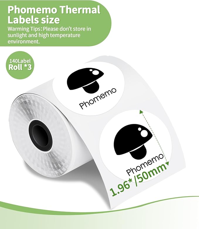 3 Roll Self-Adhesive Round Circle Thermal Labels for Phomemo M110/M220/M100/M250/M102/M221 Label Printers,1.96"（50 mm）,Multi-Purpose Thermal Stickers,Black on White,140Labels/Roll