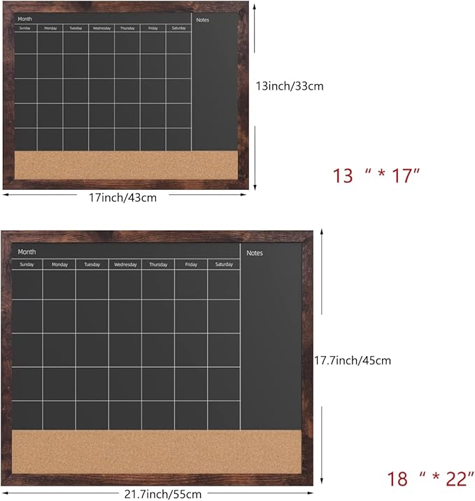Chalkboard Calendar & Cork Bulletin Board，13" x 17" Brown Wood Frame，Magnetic Surface Chalkboard.Perfect for Office, Home School Message Board,Chalkboard+Cork-3343B-BN