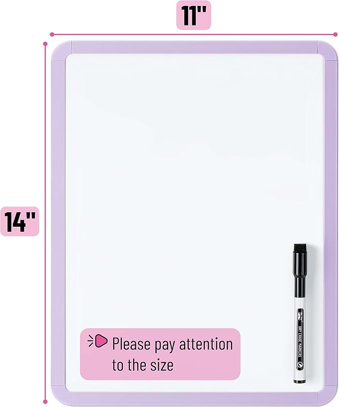 Mr. Pen- Dry Erase Board, 14” x 11” with a Black Dry Erase Marker, Purple Frame, Small Mini White Board for Students, Fridge, Wall, Locker, Includes Double Sided Tapes