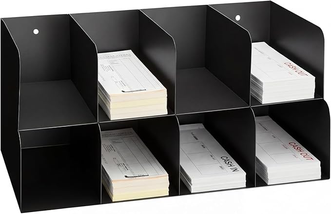 Gisafai Metal Check Sorter Organizer 8 Pocket, 2 Tier Black Iron Document Holder, 16 x 8 x 7.5 Inch, Wall Mountable, Heavy Duty Countertop Receipt Storage Rack for Bank, Office, Retail, Restaurant