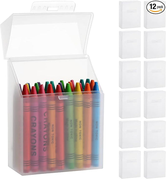 gisgfim 12 Pcs Plastic Clear Crayon Box Bulk Crayon Storage Organizer Stackable Holds 24 Crayons Boxes With Hinged Lid and Snap Closure for Pens School Office Supplies Organization