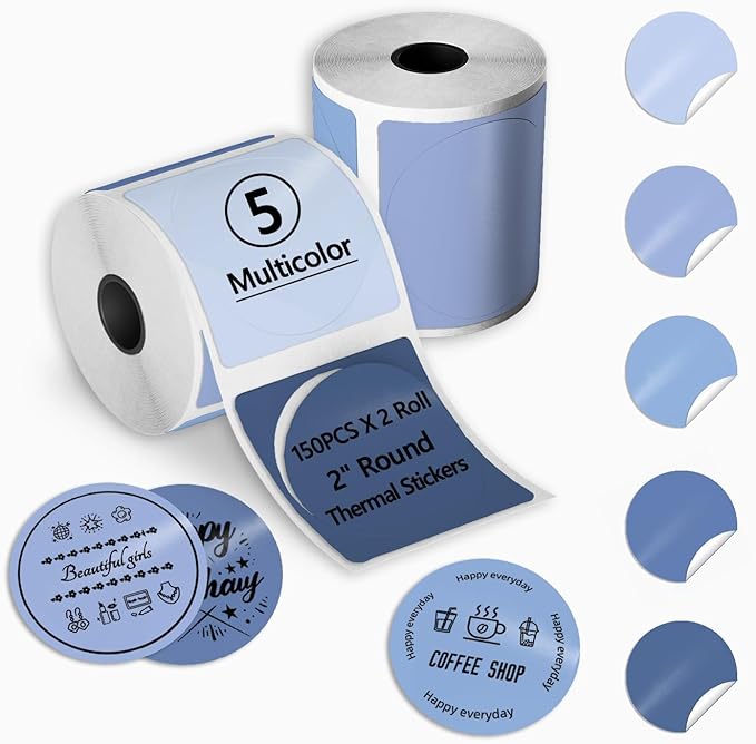 300PCS 2 Inch Circle Thermal Label Stickers for Thermal Printer, Blue Series Custom Sticker for Office Supplies, Seafood, 2x150PCS/ Roll Multicolor Stickers with PL70E/ PL80E/ Y812/ X1038 Label Maker