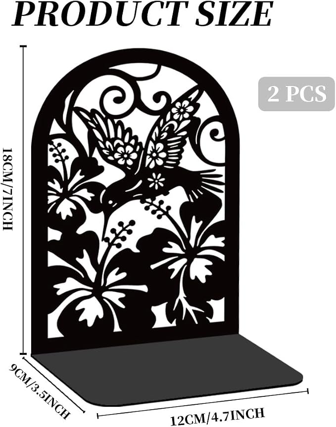 Hummingbird with Hibiscus Book Shelf Decorative Bookends for Shelves, Book Ends for Heavy Books, Metal Bookends for Desk Organizer, Office Library Decor Decorative Books for Home Decor