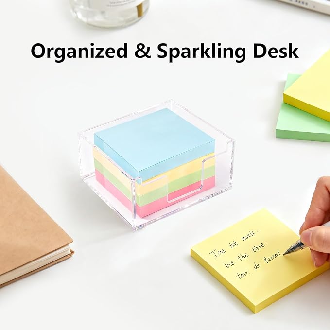 Clear Sticky Note Holder, Glitter Acrylic Organizer, 3.94 x 3.94 in Multi-Use Tray for Office, School & Home Desk