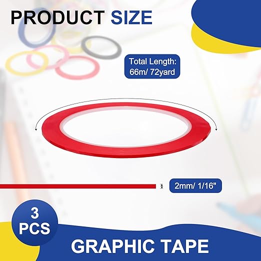 MECCANIXITY Whiteboard Tape 5/64" / 2mm Self Adhesive Graphic Chart Line Tape 72 Yard Grid Marking Stickers for Pinstripe Dry Erase Board Scrapbooking DIY Art Crafts, Red, Pack of 3