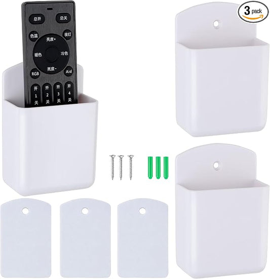 3 Pack Remote Control Holder Wall Mount, Adhesive Remote Holder with Screw Installation Storage Organizer for TV/Media/Air Conditioner Remotes For Home Office School White