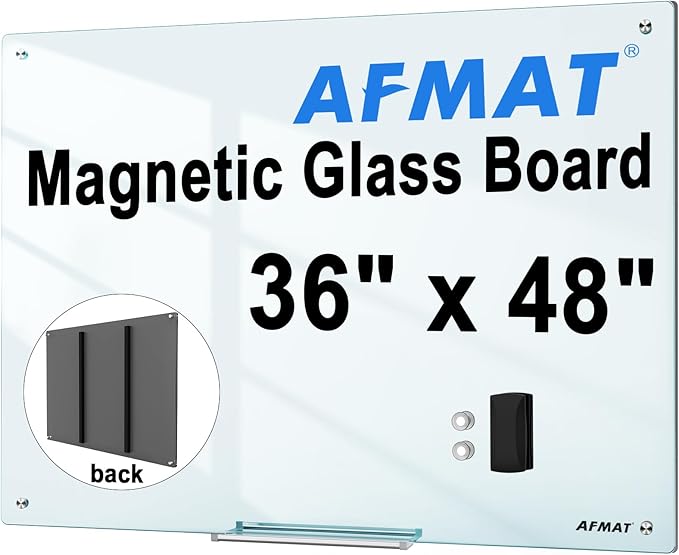 AFMAT Magnetic Glass Whiteboard, 48" x 36" Glass Dry Erase Board, 4mm Tempered Glass w/Strong Magnetic Surface, Large White Board for Wall, Frameless Wall Mounted White Board for Office Home School