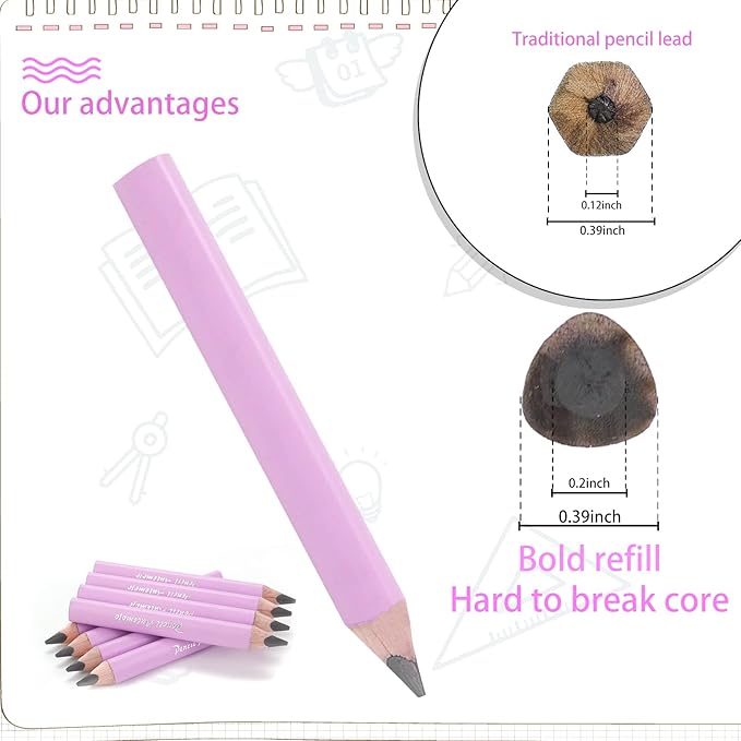 3.5-inch short triangular fat pencil, 5mm fat refill, mini wooden pencil, suitable for small hand writing and painting for preschool children and kindergarten (8 light pink)