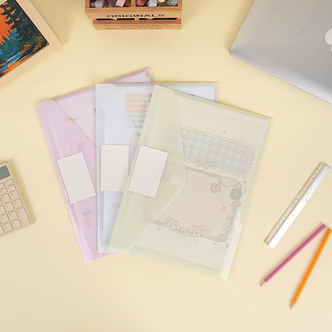EOOUT 12pcs Plastic Envelopes, Plastic Folders for Documents, Hook & Loop Closure File Folders with Label Pocket A4 Size for School and Office Supplies