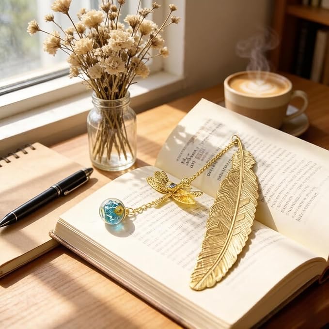 Metal Bookmark with Dragonfly Charms, Feather Book Marks with Pendants, Mothers Day Teacher Appreciation Gifts for Women Grils Mom Readers Book Lovers