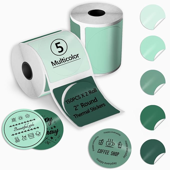 300PCS 2 Inch Round Thermal Printer Labels for Label Maker, Green Series Thermal Stickers for Gifts, DIY, Fruit Stands, 2x150PCS/ Roll Circle Stickers with PL70E/ PL80E/ Y812/ X1038 Label Printer