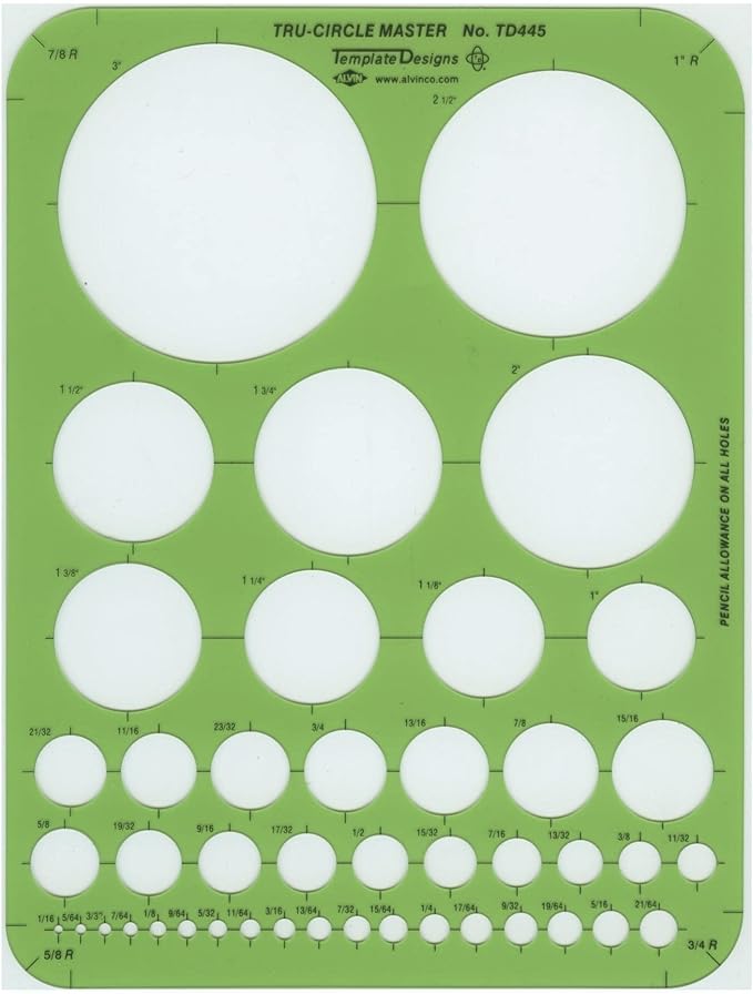 Alvin, Circle Guide Template, 44 Circles, 7 inches x 9.25 inches x .030 inches