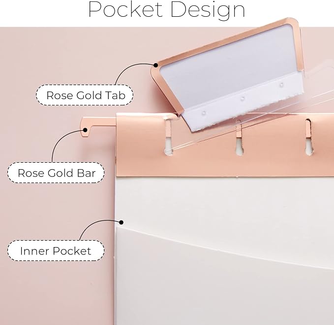 Y YOMA 1 Pack Rose Gold Desktop Hanging File Organizer | 12 Pack Rose Gold Pocket Hanging File Folders with Tabs & Insert | Letter Size Metal File Kit for Desk Home Office, I Shaped