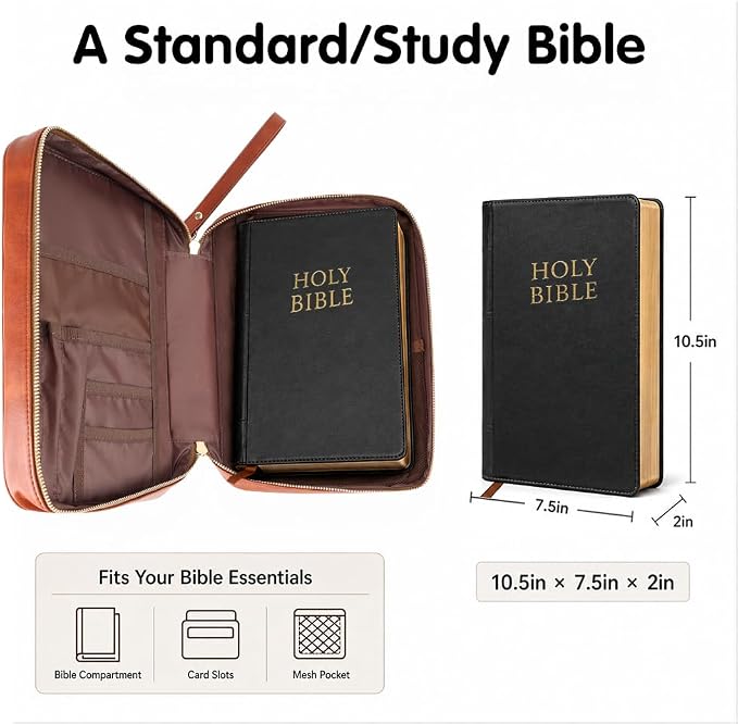 Bible Cover for Men, PU Leather Bible Case with Top Handle and Detachable Wristlet Strap, Classic Organizer Bag for Standard Size Bible up to 10.5 x 7.5 x 2 Inches, Brown