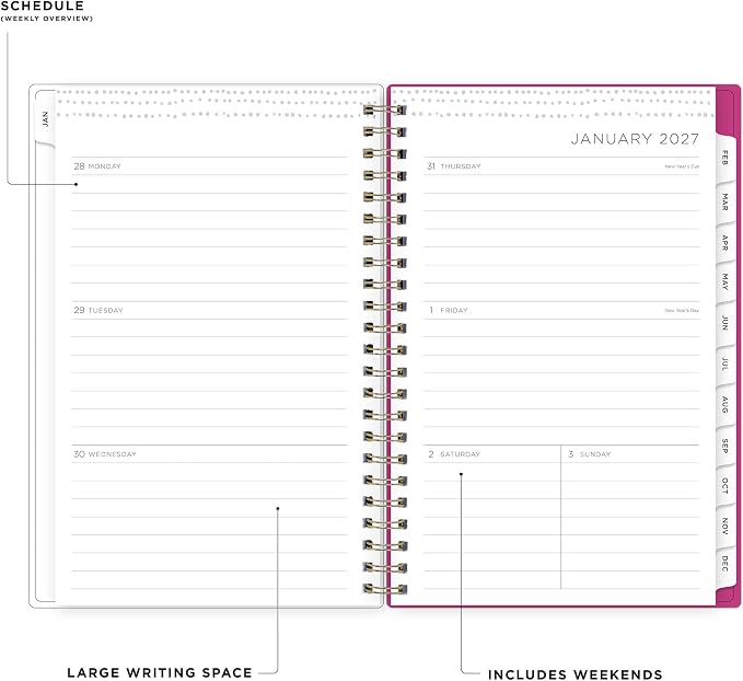 Blue Sky Kelly Ventura 2027 Weekly and Monthly Planner Calendar, January 2027 - December 2027, 5" x 8", Flexible Cover, Laminated Tabs, Durable Twin Wire Binding, Storage Pocket, Includes Sticker Sheet, Magenta Blooms