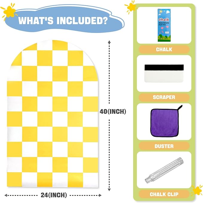 Magnetic Chalkboard Wall Decal 24''x40'' Arch - Removable Reusable Peel and Stick (No Wall Damage) Extra Strong Magnetism - Easy Clean Chalkboard for Home Office Playroom (Yellow White Checker)