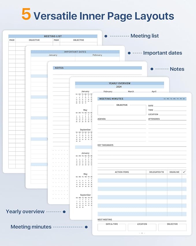 WEMATE Meeting Notebook for Work, Work Planner Notebook with Action Items, B5 Size Project Planner, Easily Take Meeting Notes & Keep Agendas on Track, Calender, Index Page, Inner Pocket, 7×10 Inch, Dark Blue
