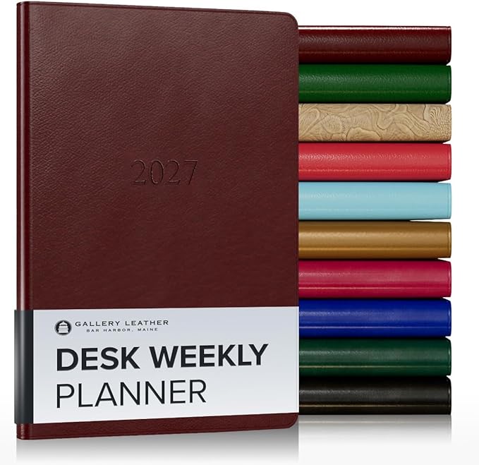 Gallery Leather Desk Weekly Monthly Planner 2027, Elegantly Bound Calendar Planner and Notebook with Stylish Gold-Gilded Page Edges, 12 Months - Tremont Garnet - 8x5.5"