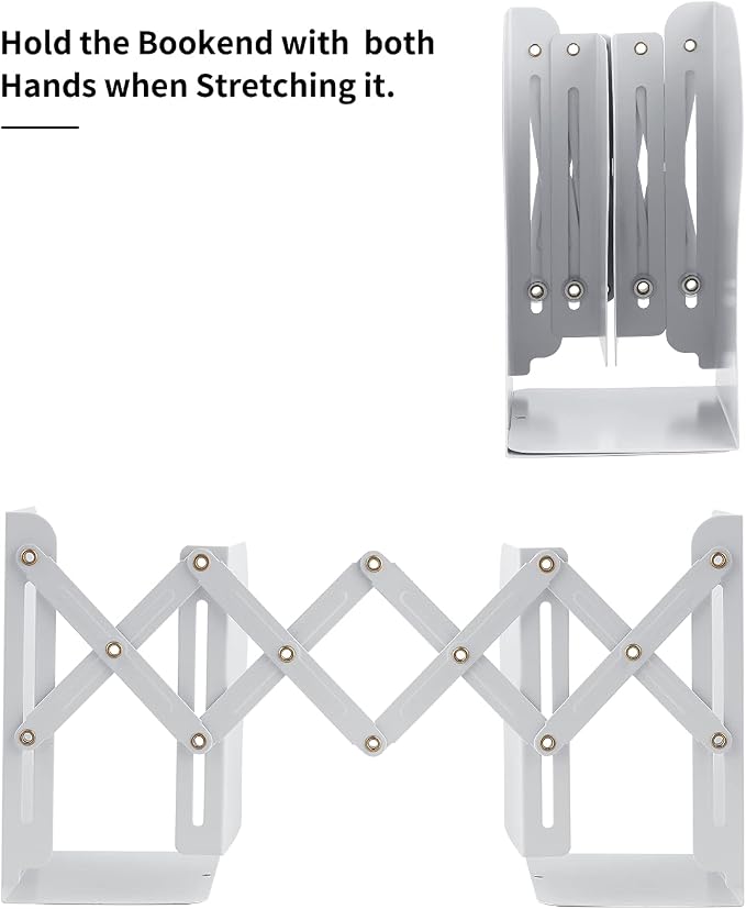 MSDADA Adjustable Bookends, Book Ends for Heavy Books, Expandable Book Organizer for Desk, Shelf, Office, School, for 6 7 8 9 10 11-15 Boys and Girls, Extends up to 19 inches (White)