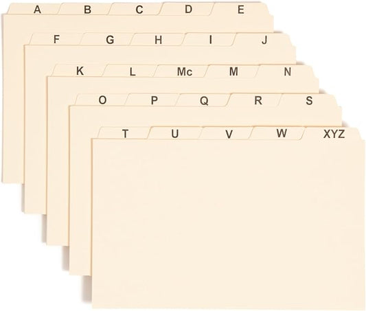 Smead Card Guide, Plain 1/5-Cut Tab (A-Z), 8"W x 5"H, Manila, 25 per Set (57076)