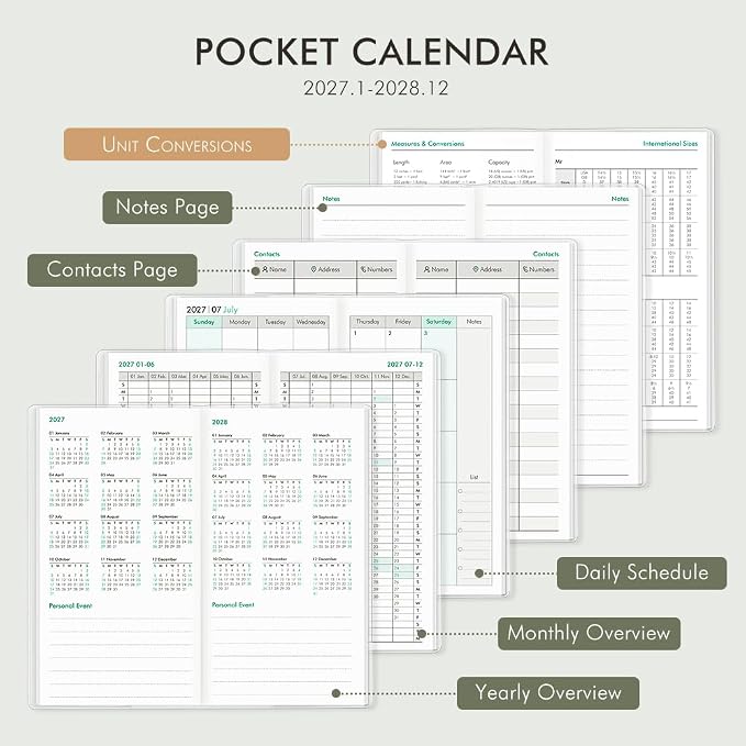 Pocket Calendar 2027-2028 for Purse, Small Pocket Planner 2027-2028 for Purse 3.5×6.5In, 24 Month Organizer from Jan 2027- Dec 2028 Mini Planner with Pvc Cover for Organizing & Planning