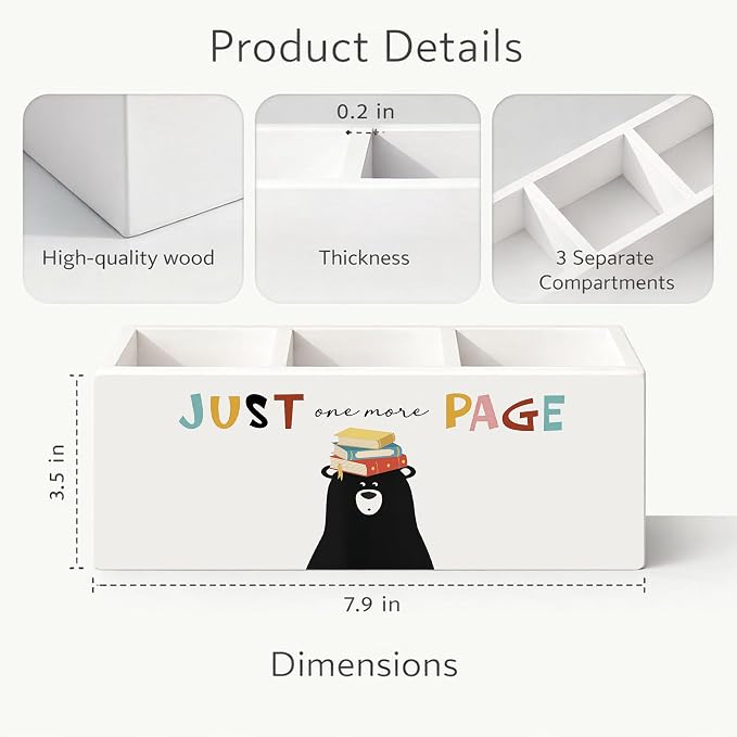 Just One More Page Black Bear 3-Compartment Desk Organizer, Wooden Pencil Holder for Pens, Pencils, Scissors & Rulers, Cute Reading Theme for Home, Kids, Office