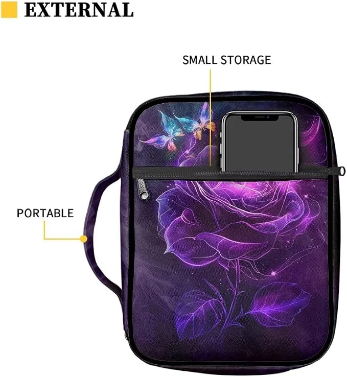 Coldinair Purple Rose Bible Cover Case for Women,Carrying Book Cover Bible Holders with Handle and Zippered Pocket,Fits for Standard/Large Size Bible