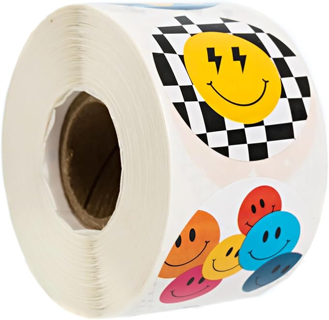 Retro Smiley Face Stickers / 500 Colorful Round Labels Roll / 1.5" Circle Happy Face Sticker / 8 Nostalgic Y2K Bright Designs/Made in The USA