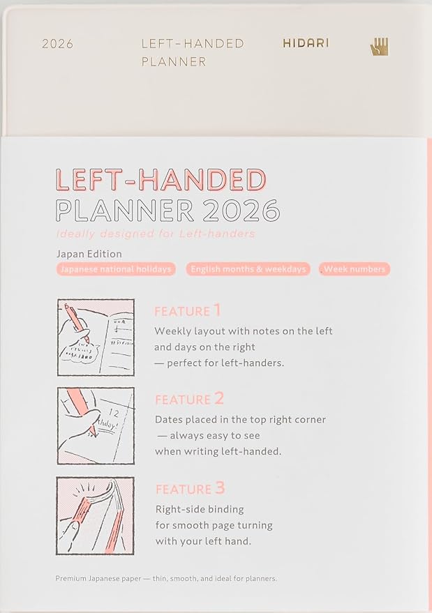 HIDARI Left-handed planner 2026 Japan edition, monthly and weekly, Jan 2026-March 2027, 5×7" (Ivory)
