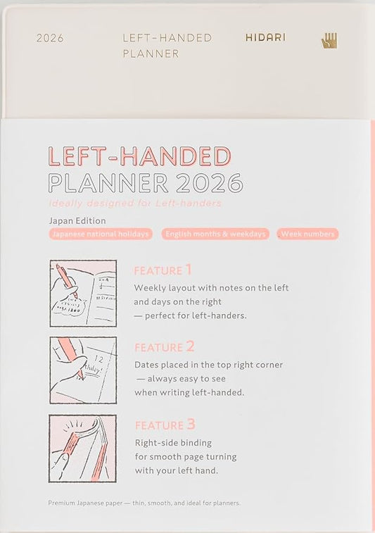 HIDARI Left-handed planner 2026 Japan edition, monthly and weekly, Jan 2026-March 2027, 5×7" (Ivory)