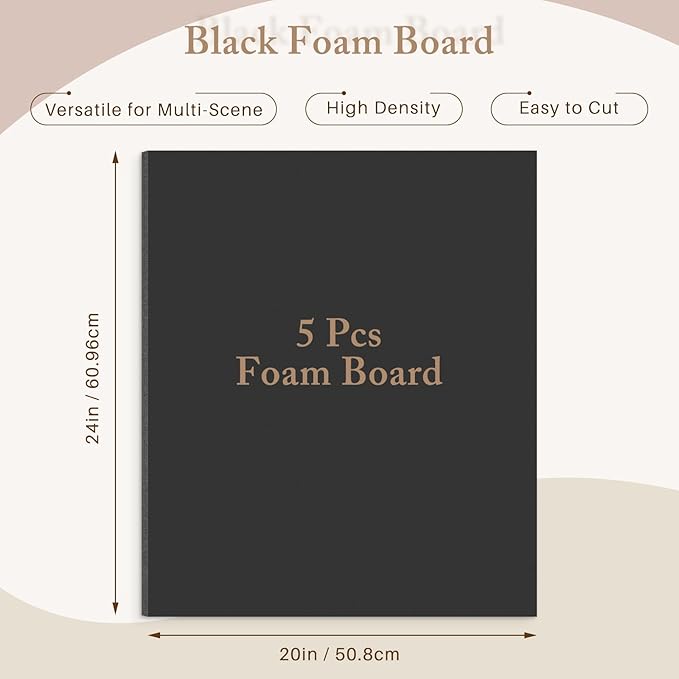 AUEAR, 5 Pack 20x24 Black Foam Boards, Foam Core Poster Board for Display, Mounting, Print, Presentation and Projects, 3/16'' Thick