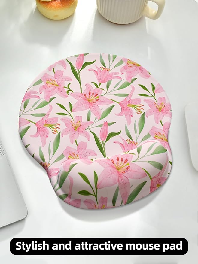 Lily Floral Mouse Pad Wrist Support Wrist Rest, Flower Ergonomic Mouse Pad with Non-Slip Base for Office Gaming Working Computers,Desk Accessories Pain Relief Mouse Mat, Pink Flower