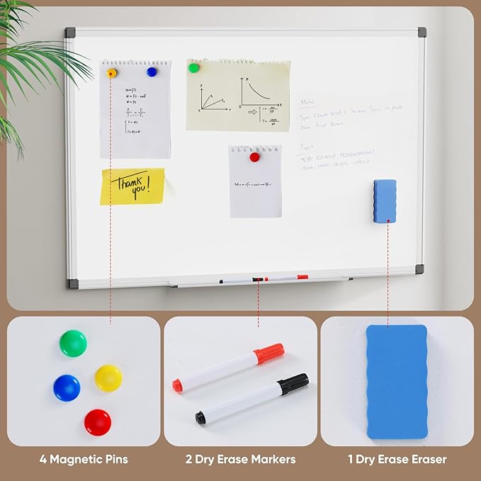 Magnetic Dry Erase Board & Whiteboard, 35.8 X 24 Inches, Silver Aluminum Frame, Comes with 1 Dry Eraser, 2 Dry Erase Markers 1 Pen Tray & 4 Push Pin Magnets