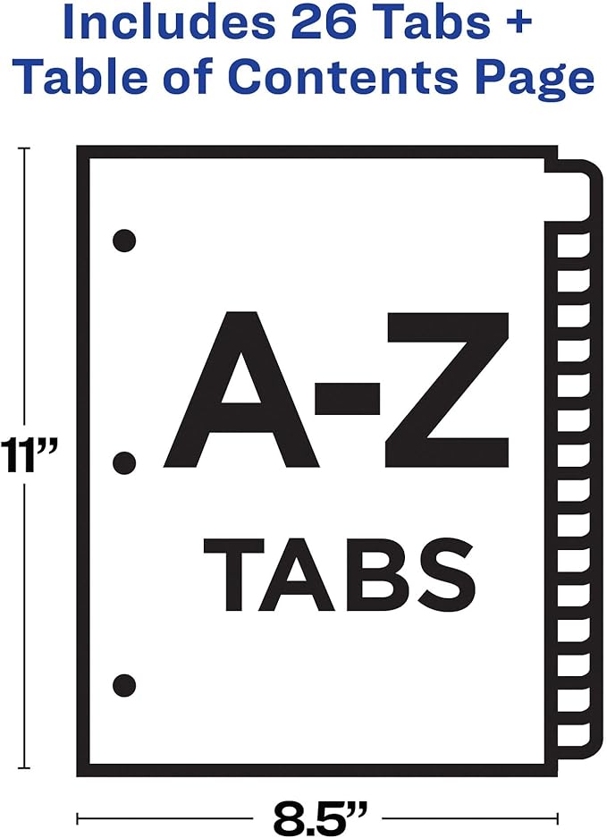 Avery A-Z Dividers for 3 Ring Binders,26 Tabs per Set,Customizable Table of Contents,Multicolor Tabs,Great for Organizing Reports,Projects,and More (11125),(Pack of 12)