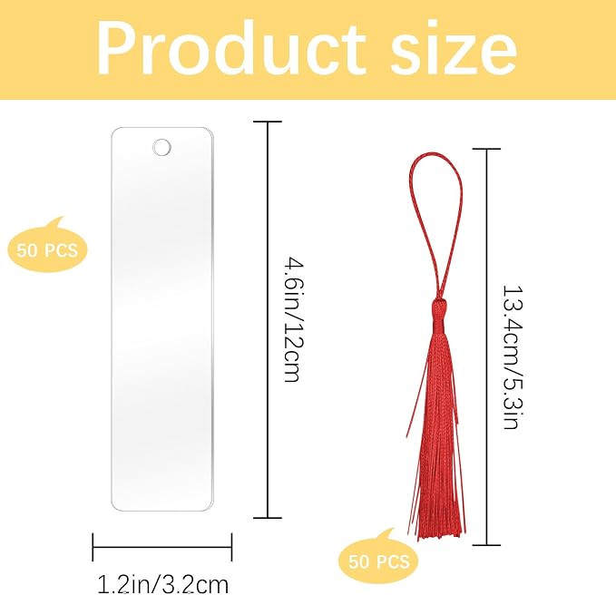 50 Pcs Clear Acrylic Bookmarks Blanks Rectangle, Plastic Book Page Markers Transparent Acrylic Bookmark Blank Bulk with 50 Pcs Book Mark Tassels for DIY Crafting Projects and Gift Tags