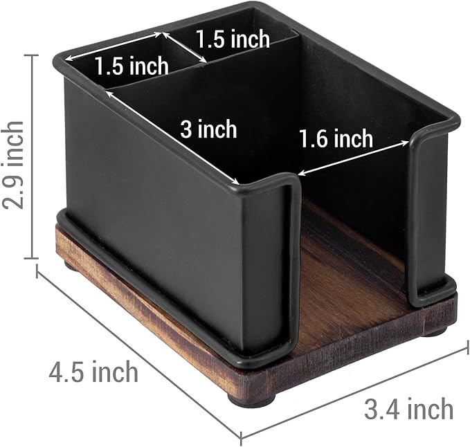 MyGift Modern Industrial Matte Black Metal Office Stationery Organizer with Sticky Note Holder, 2 Pen Storage Compartments and Rustic Burnt Solid Wood Base