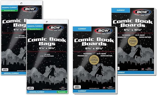BCW Resealable Current Comic Book Combo Pack | 200 Pack for Acid-Free Backing Boards & Resealable Bags | Comic Book Storage & Protection | Fits Current Comics | Archival Quality | Standard 6.88x10.5