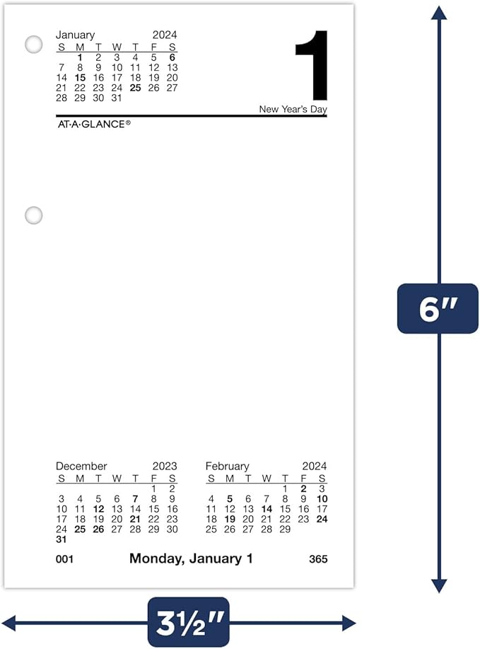 AT-A-GLANCE 2024 Daily Desk Calendar Refill, 3-1/2" x 6", Standard, Loose-Leaf (E7175024)