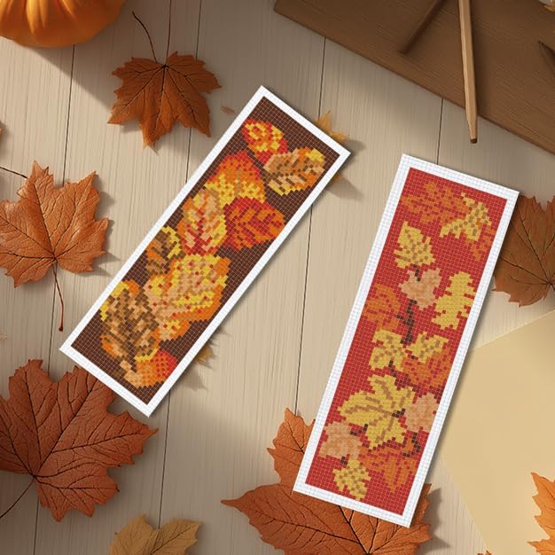 INFUNLY 6PCS Falling Leaf Cross Stitch Bookmark Kit for Adults Autumn Cross Stitch Kits DIY Crossstitch Kits Maple Leaves Stamped Embroidery Bookmark Kit with Instructions for Book Lovers Readers