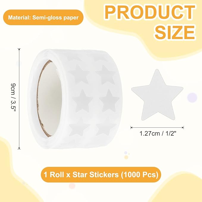 PATIKIL Star Stickers Roll 1/2", 1000 Pcs Self-Adhesive Reward Stickers Star Labels for Behavior Chart Classroom Teacher Supplies and DIY Craft, White