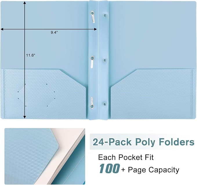 Plastic andPockets and Prongs,2-Pocket and3 Fasteners, Holds 8-1/2" x 11" Paper for School/Office/Home, Pastel Color, 24 Packs