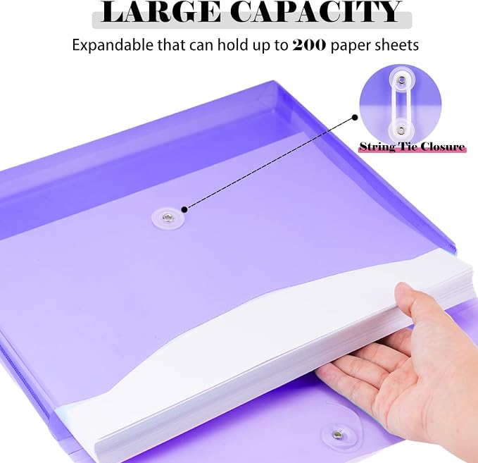 A4 Letter Size Plastic Poly Envelopes with Button and String Tie Closure, 1-1/4" Expansion Clear File Folders Side Loading Documents Organizer for Home School and Office Supplies (14)