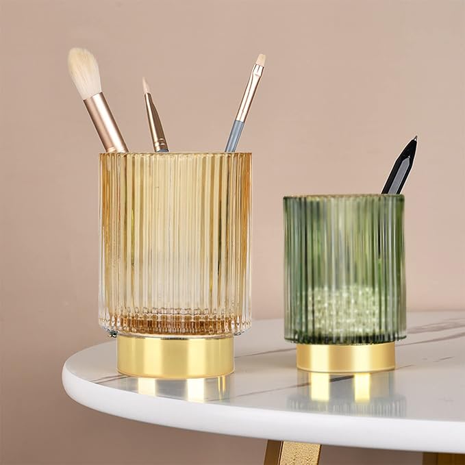 Thick Glass Pen Pot Cute Decorative Pencil Holder Cup for Desk Makeup Brush Holder for Home Office (Golden)