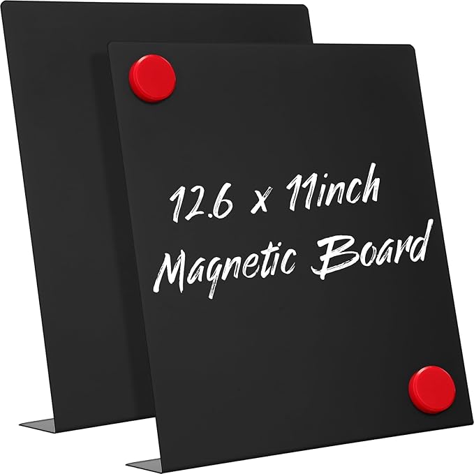 Fainne 2 Pcs Magnetic Bulletin Board with Easel Stand Mini Black Magnet Metal Tabletop Memo Display Board for Back to School Menu Table Office Supplies (12.6 x 11 Inches)
