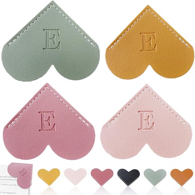 Personalized Leather Heart Bookmark, 26 Letters Customized Corner Book Mark for Reading Women, Book Marker with Initials，Cute Gifts (Light Pink+Deep Pink+Green+Light Brown, E)