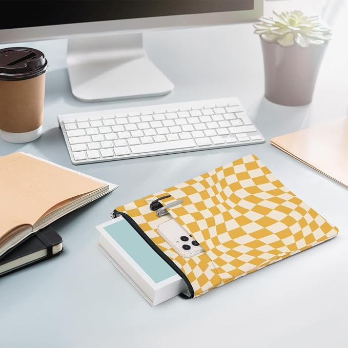 Wave Yellow Plaid Book Lovers Gifts Book Sleeve Vintage Checkered Waterproof Book Cover Book Pouch Book Protector with Front Pocket Book Club Christmas Birthday Gifts for Women Girl Book Accessories