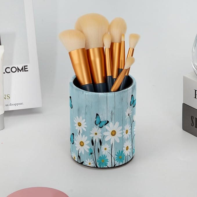 Daisy Floral Butterfly Rustic Plank Pen Holder Pencil Organizer Cute Pencil Cup Desk Decor Makeup Brush Holder PU Multifunctional Office Supplies for Home Classroom School