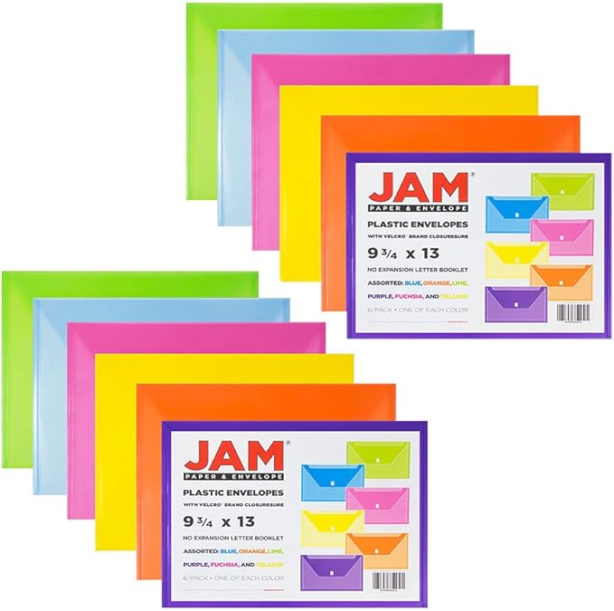 JAM PAPER Plastic Envelopes with Hook & Loop Closure - Letter Booklet - 9 3/4 x 13 - Assorted Colors - 12/Pack